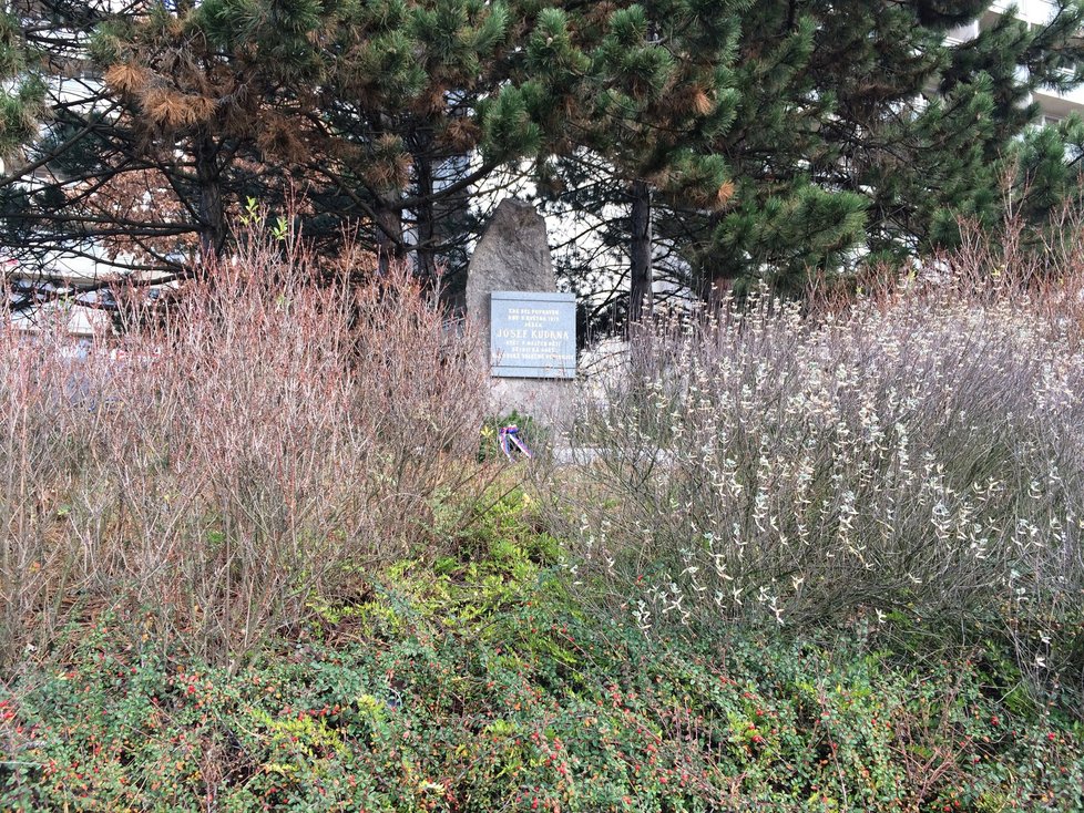 Pomník vojína Kudrny se nenápadně „schovává“ v zeleném porostu.