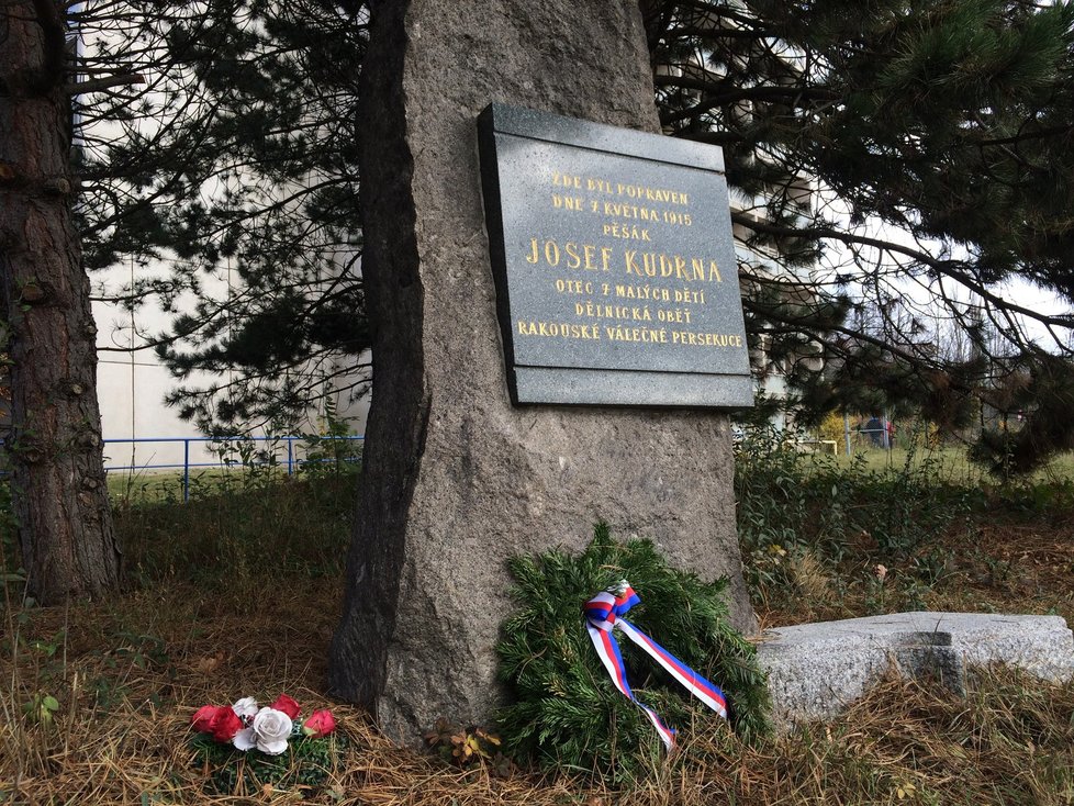 Pomník vojína Josefa Kudrny se nachází mezi pavilonem léčebny dlouhodobě nemocných a dětským oddělením.