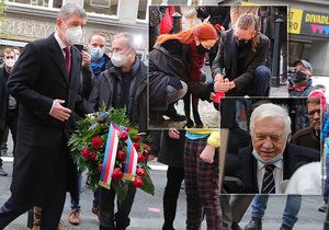 17. listopad na Národní třídě: Andrej Babiš, Ivan Bartoš s manželkou a Václav Klaus s rouškou pod bradou