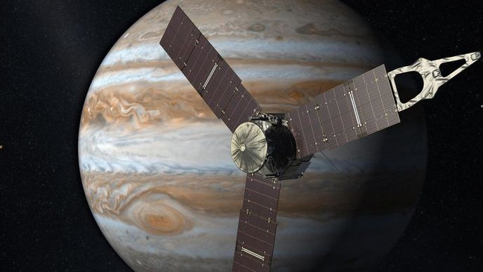 umělecké ztvárnění sondy Juno na orbitě Jupitera umělecké ztvárnění sondy Juno na orbitě Jupitera