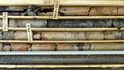 Vrtné jádro z průzkumného vrtu Geometu. V hloubce 172 až 178 m byl zachycen kontakt teplického ryolitu a greisenové rudy s dobře vyvinutým stockscheiderem (zvláštní typ žilné horniny). Vrtné jádro z průzkumného vrtu Geometu. V hloubce 172 až 178 m byl zachycen kontakt teplického ryolitu a greisenové rudy s dobře vyvinutým stockscheiderem (zvláštní typ žilné horniny).