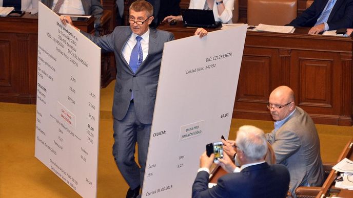 DIVADELNÍ PRVEK. Tak by šly vystihnout obří makety účtenek, které ministr financí Andrej Babiš přinesl do parlamentu během prvního čtení zákona o elektronické evidenci tržeb v červenci. DIVADELNÍ PRVEK. Tak by šly vystihnout obří makety účtenek, které ministr financí Andrej Babiš přinesl do parlamentu během prvního čtení zákona o elektronické evidenci tržeb v červenci.