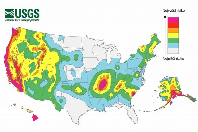 Aktuální mapa rizika zemětřesení v USA Aktuální mapa rizika zemětřesení v USA