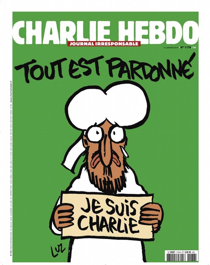 Nezalekli se a dál pokračují ve šlépějích svých mrtvých kolegů. Francouzský týdeník Charlie Hebdo, který se stal minulý týden terčem teroristického útoku, vyjde ve středu s karikaturou plačícího muslimského proroka Mohameda a nápisem Je suis Charlie (Já jsem Charlie) na titulní straně. Nezalekli se a dál pokračují ve šlépějích svých mrtvých kolegů. Francouzský týdeník Charlie Hebdo, který se stal minulý týden terčem teroristického útoku, vyjde ve středu s karikaturou plačícího muslimského proroka Mohameda a nápisem Je suis Charlie (Já jsem Charlie) na titulní straně.