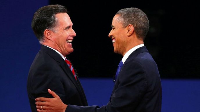 Mitt Romney a Barack Obama během předolební debaty Mitt Romney a Barack Obama během předolební debaty
