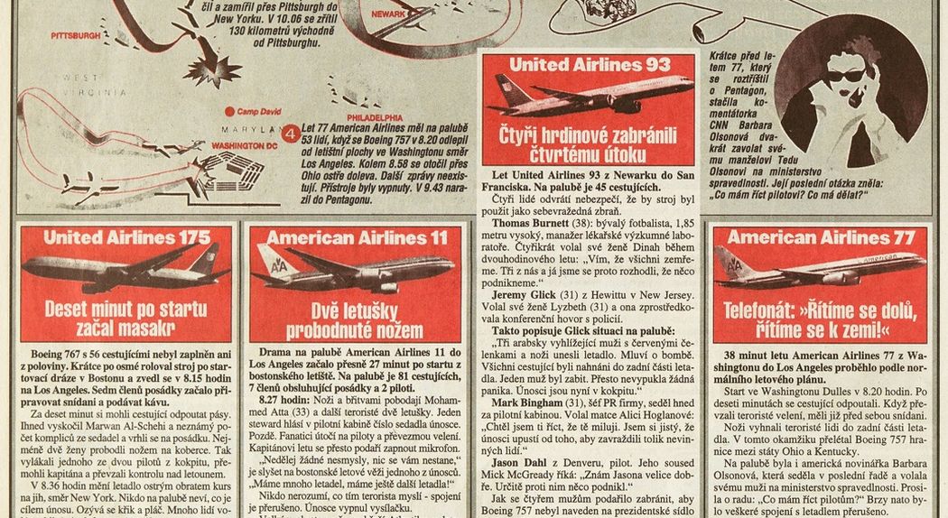 Článek o pádu Dvojčat z 15. září 2001.