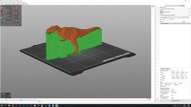 V programu PrusaSlicer lehce nastavíte kvalitu tisku. Zelené plochy u modelu tyranosaura jsou podpěry, které se po vytištění odlomí