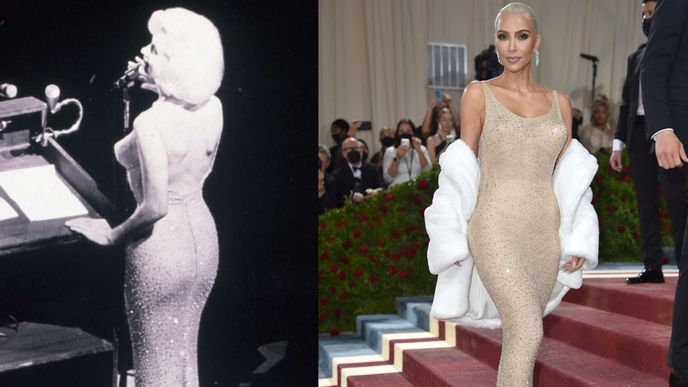 Marilyn Monroe v ikonických šatech v roce 1962 a Kim Kardashian ve stejném modelu o 60 let později. Marilyn Monroe v ikonických šatech v roce 1962 a Kim Kardashian ve stejném modelu o 60 let později.