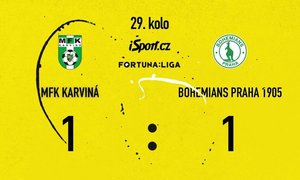 SESTŘIH: Karviná - Bohemians 1:1. Domácí dlouhou přesilovku nevyužili