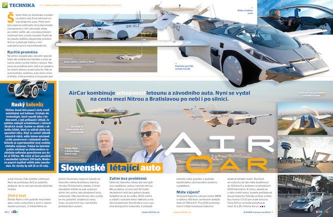 Slovenské létající auto AirCar kombinuje schopnosti letounu a závodního auta. Nyní se vydalo na cestu mezi Nitrou a Bratislavou po nebi i po silnici. Víc prozradí časopis ABC č. 16/2021