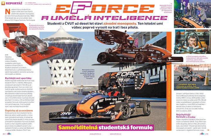 Studenti ČVUT už deset let staví závodní monoposty E-Force s umělou inteligencí. Víc prozradí časopis ABC č. 25-26/2020
