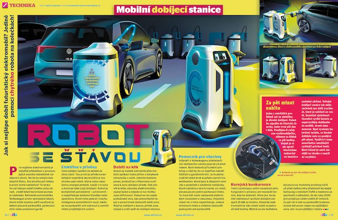 Jak si nejlépe dobít futuristický elektromobil? Jedině pomocí chytrého robota na kolečkách! Víc prozradí časopis ABC