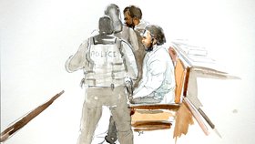 Skica z prvního dne soudního procesu se zřejmě jediným přeživším teroristou z Paříže (útoky z roku 2015) Salahem Abdeslamem. Ten si nechal narůst vousy.
