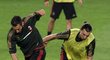 Zlatan Ibrahimovic bojuje o balon s obráncem Gianlukou Zambrottou.