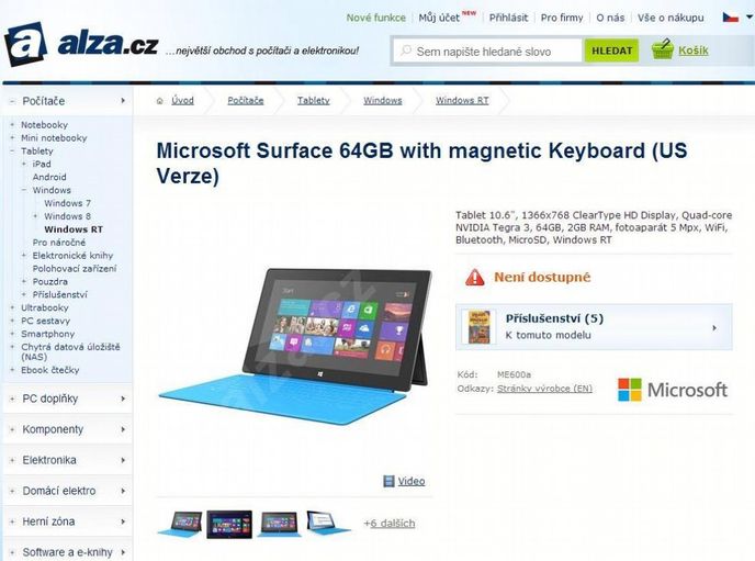 Ačkoli u nás Surface není dosupný a ani české zastoupení Microsoftu neví, kdy by se k nám mohl dostat, Alza už je připravená. Zatím však Surface nelze ani předobjednat a není známa jeho česká cena.