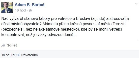 Bartošův status na Facebooku o uprchlících již řeší i policie