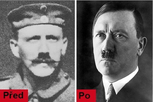 Adolf Hitler před a po sestřižení kníru.