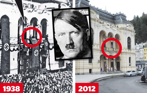 Adolf Hitler pronášel proslov z tohohle balkónku v Karlových Varech. A sudetští Němci se mohli zbláznit radostí