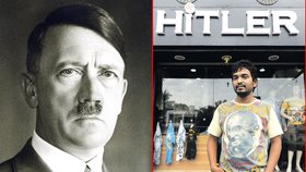 Před obchodem, který nese název nacistického diktátora, si muž zapózoval v tričku s indickým bojovníkem proti násilí