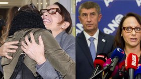 Adriana Krnáčová s dcerou (vlevo) a Andrejem Babišem (vpravo) během voleb