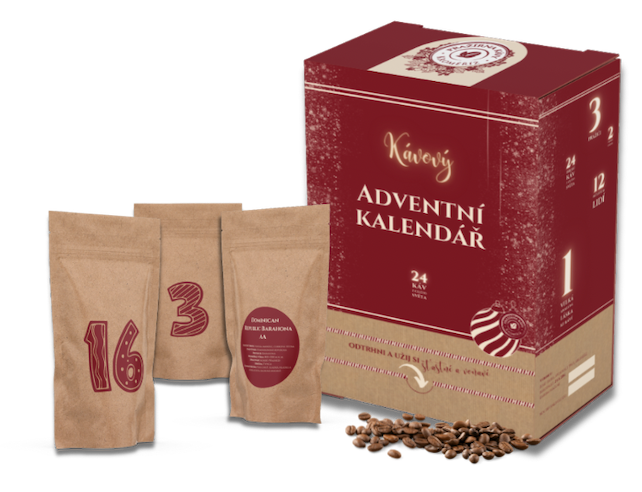 Adventní kalendář s kávou, 1649 Kč, koupíte na www.kava-kromeriz.cz