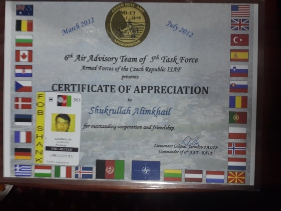 Ocenění, která Shukrullah Alimkhail obdržel za svou pomoc mezinárodním silám.