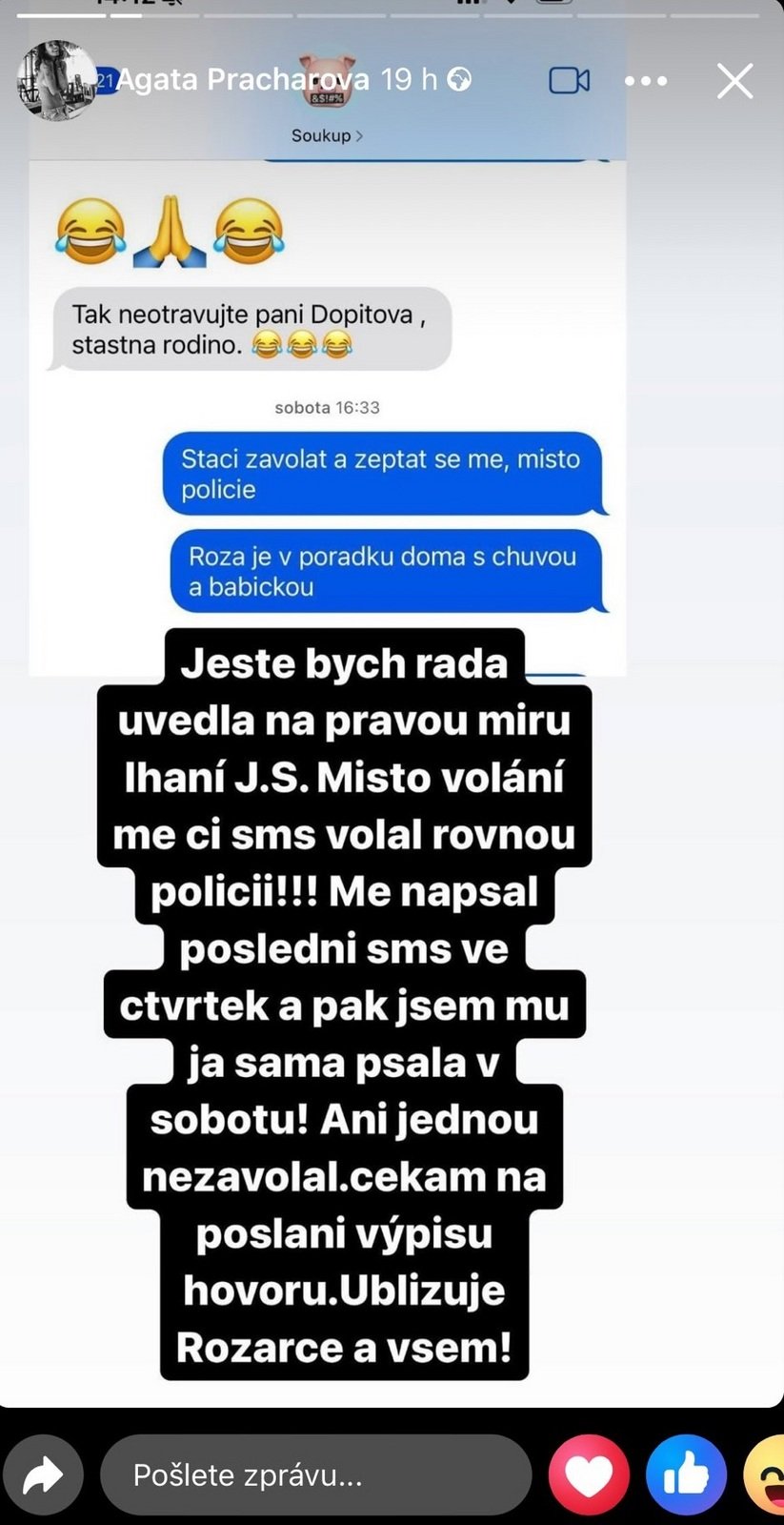 Agáta Hanychová zveřejnila konverzaci s Jaromírem Soukupem a odhalila, že ho má uloženého pod emoji prasete