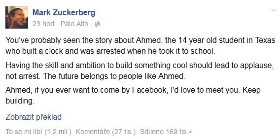 Ahmedovi na Facebooku vysekl poklonu i Mark Zuckerberg.