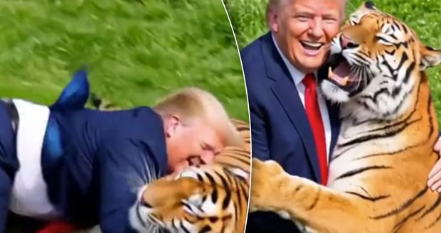 Donald Trump sdílel AI video útoku na tygra.