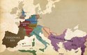 Evropa v 5. století n. l. V roce 395 byla římská říše rozdělena na západní a východní část. Červená linie znázorňuje rozsah říše před jejím rozpadem