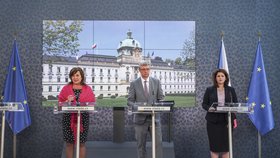 Alena Schillerová, Karel Havlíček a Jana Maláčová na tiskové konferenci po jednání vlády (17. 6. 2019)