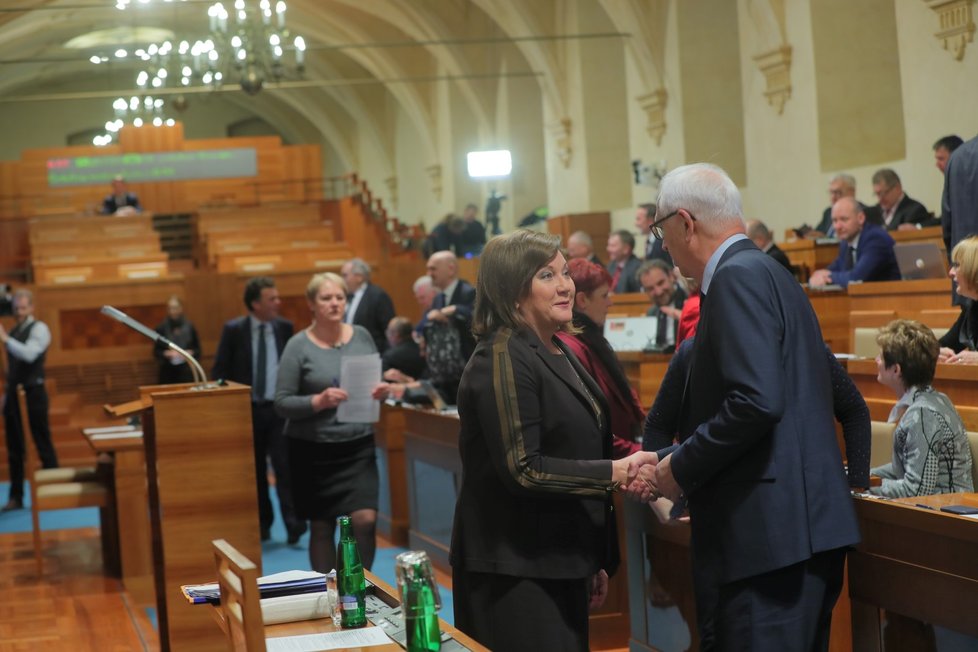 Ministryně financí Alena Schillerová (za ANO) se senátorem Jiřím Drahošem (nestr.; 30. 1. 2020)