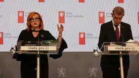 Alena Schillerová a Andrej Babiš (ANO) na tiskovce po jednání vlády (31.8.2026)