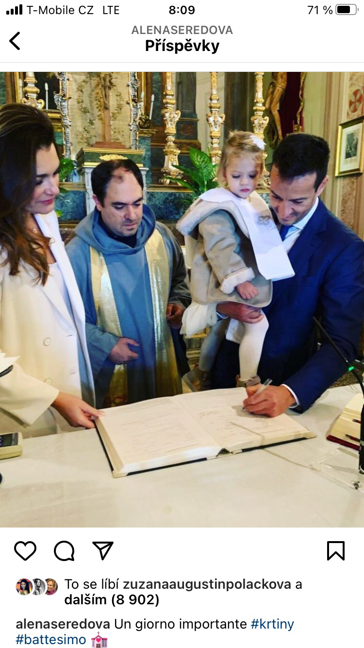Alena Šeredová pokřtila dceru s manželem Alessandrem Nasim
