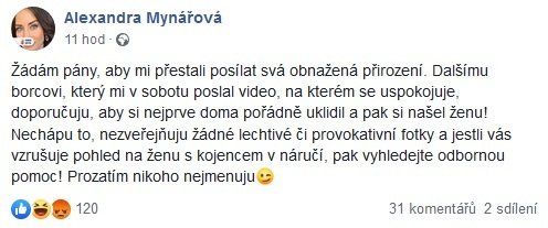 Alex Mynářová si na facebooku postěžovala, že jí pánové posílají fotky svých penisů