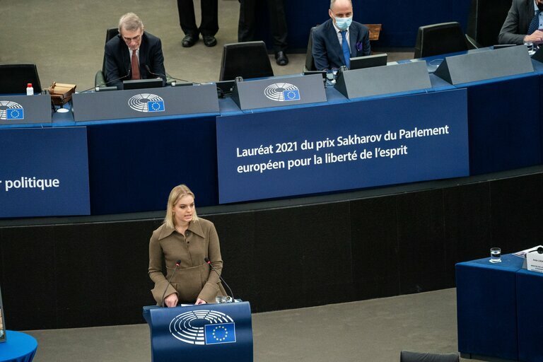 Darja Navalná v Evropském parlamentu (15. 12. 2021).