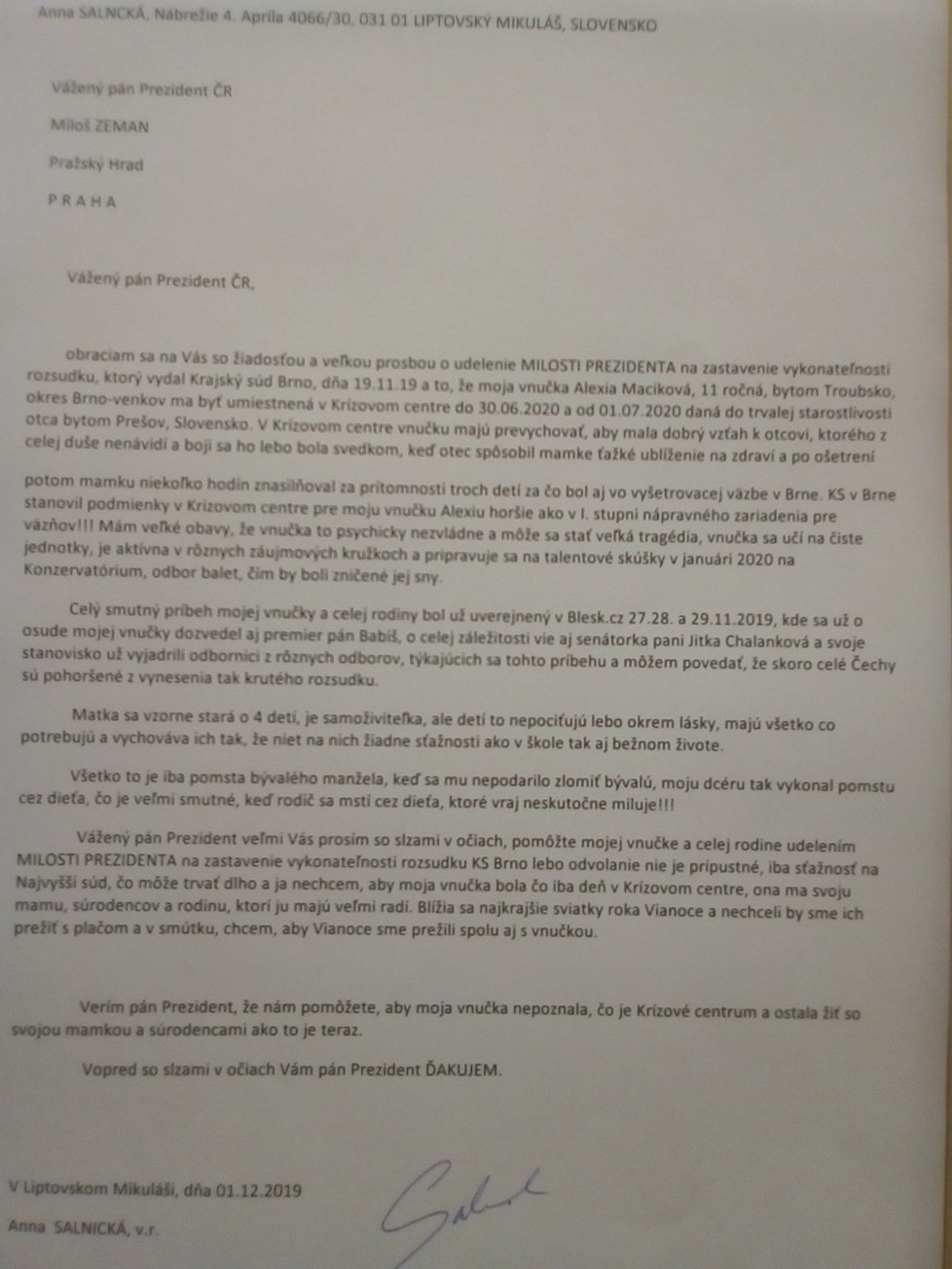 Dopis, který poslala babička Alexie (11) prezidentovi České republiky Miloši Zemanovi.