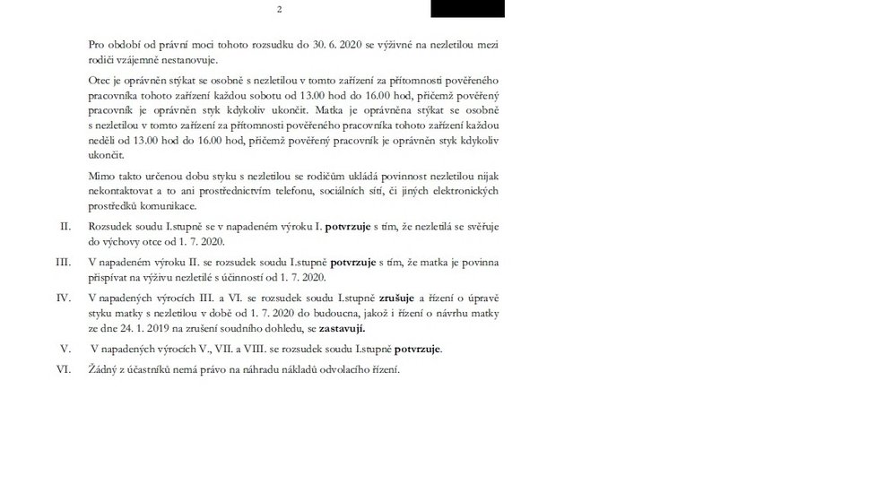 Rozsudek Krajského soudu v Brně, který dostala matka Alexie (11) Ajka (44) v pondělí 6. ledna 2020.