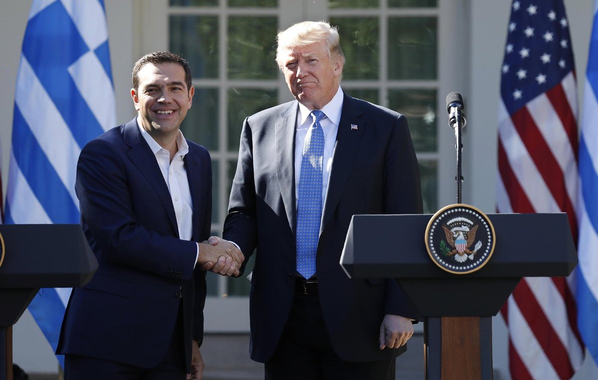 Řecký premiér Alexis Tsipras s Donaldem Trumpem při návštěvě USA