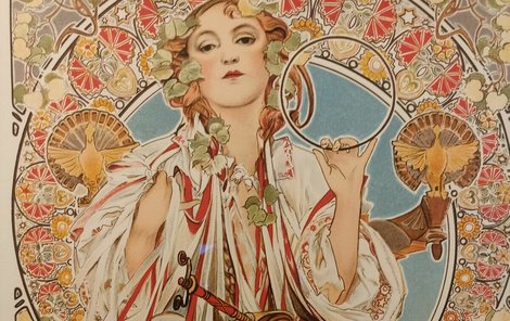 Reklamní plakát pro banku Slavia. Ženu zosobnil coby slovanskou bohyní s lístky lípy kolem hlavy.