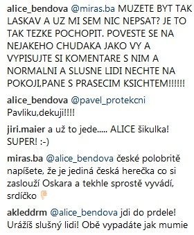 Alice Bendová na Instagramu čelila kritice a reagovala také drsně