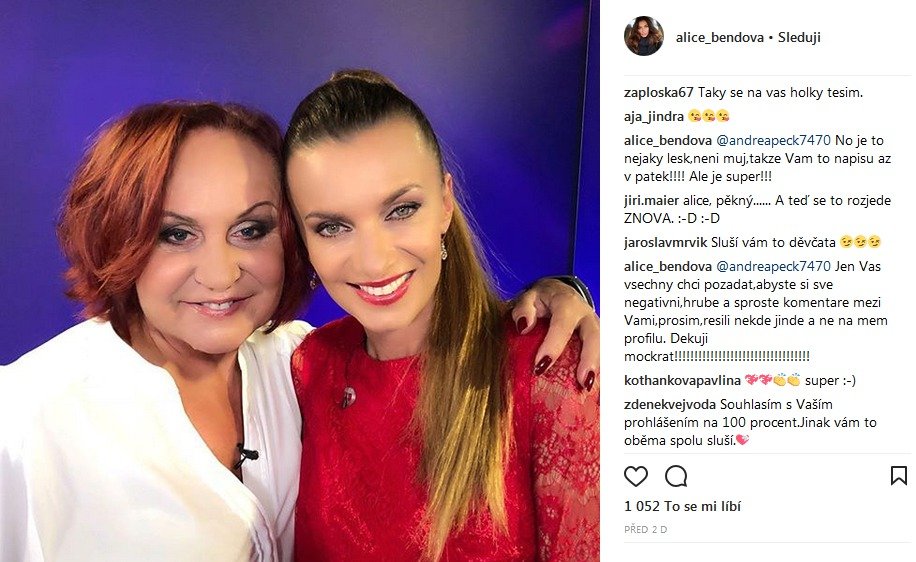 Alice Bendová na Instagramu čelila kritice a reagovala také drsně