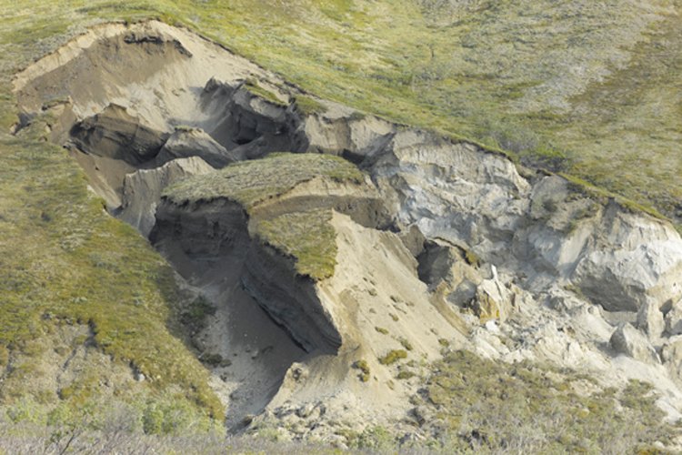 Národní park Denali na Aljašce. Tání permafrostu tu způsobuje sesuvy půd