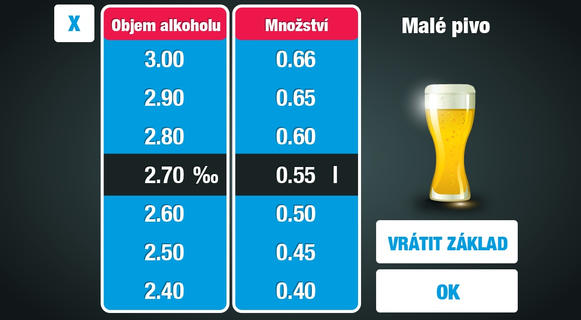 Zadejte objem a množství vypitého alkoholu.