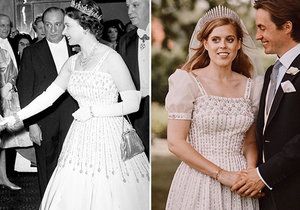 Královna Alžběta zapůjčila Beatrice své diamantové šaty i diamantovou čelenku.