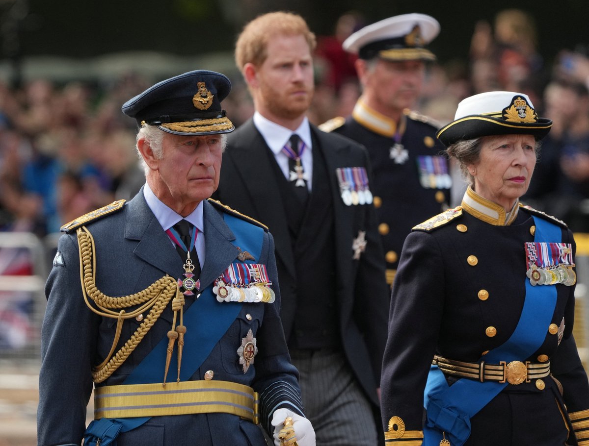 Král Karel a princ Harry na pohřbu královny Alžběty II.
