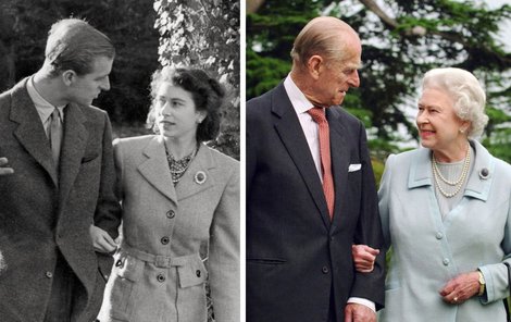 Manželský pár Phillip a Alžběta: V roce 1952 a 2007