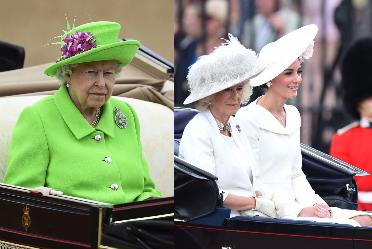 Královna Alžběta II a vévodkyně Camilla a Kate
