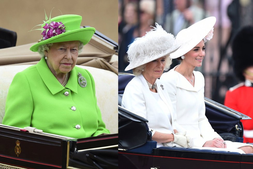 Královna Alžběta II. a vévodkyně Camilla a Kate