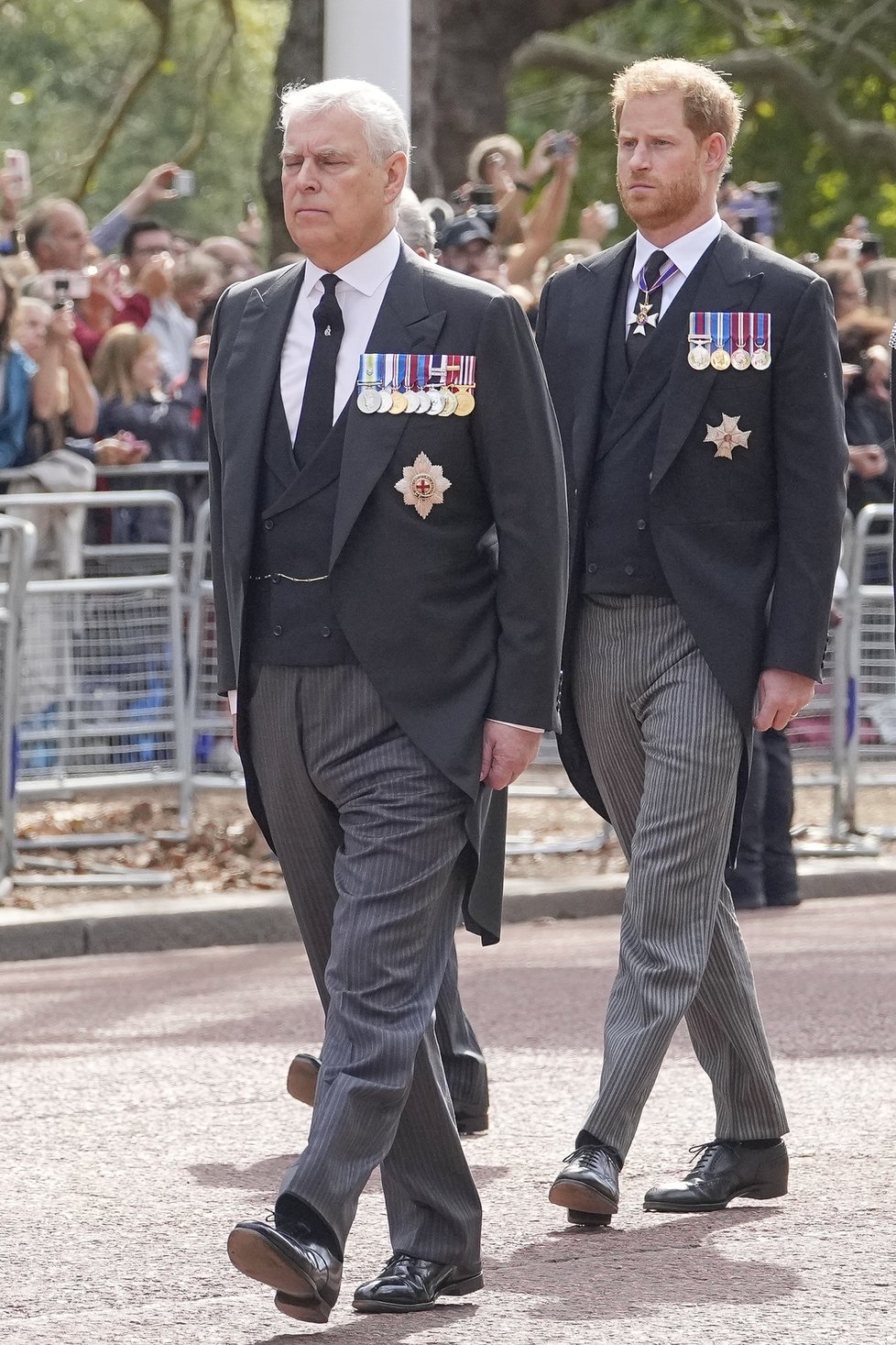 Poslední cesta královny Alžběty II. do Westminsteru - princové Harry a Andrew